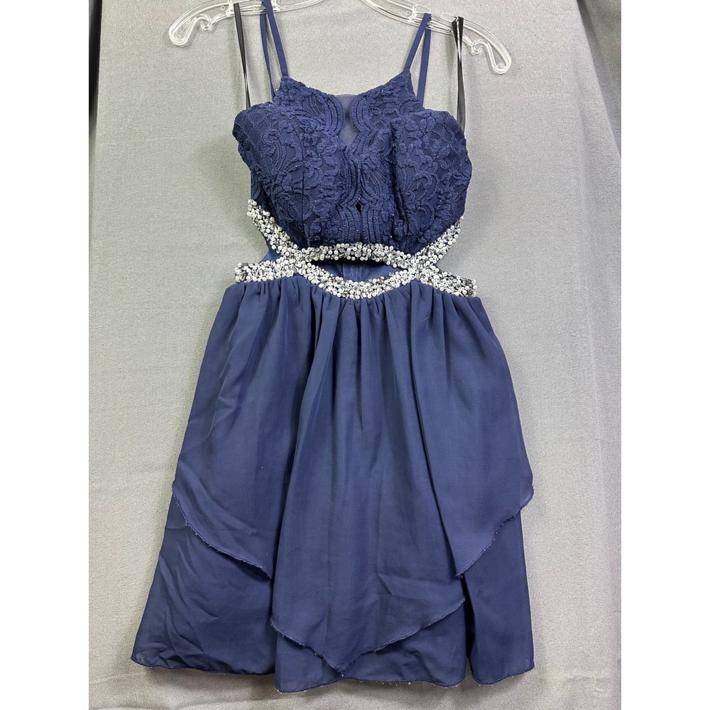 Extraordinary Navy Blue Lace Cut Out Rhinestone Mini Dress Sz 1 Homecoming Prom